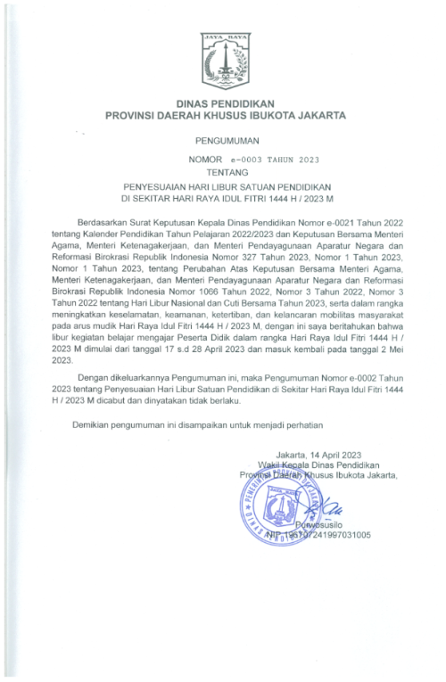 Libur Satuan Pendidikan Menyambut Idul Fitri 1444 H